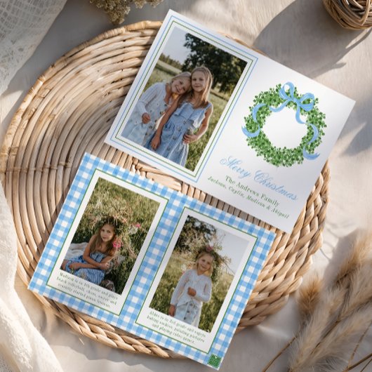 Blue Bow Christmas Boxwood Krans Foto Feestdagenkaart