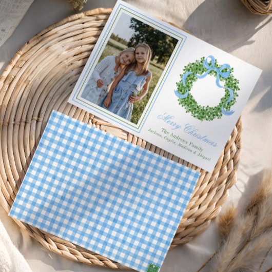 Blue Bow Christmas Boxwood Krans Foto Feestdagenkaart