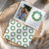 Blue Bow Christmas Boxwood Krans Foto Feestdagenkaart