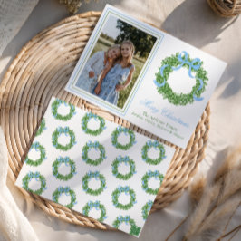 Blue Bow Christmas Boxwood Krans Foto Feestdagenkaart