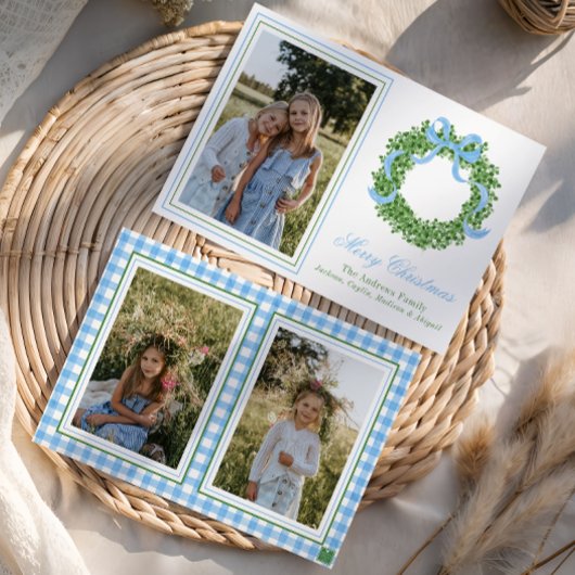 Blue Bow Christmas Boxwood Krans Foto Feestdagenkaart