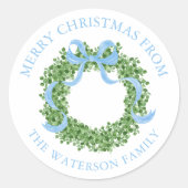 Blue Bow Christmas Boxwood Krans Gift Ronde Sticker (Voorkant)