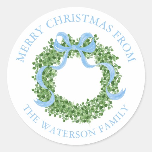 Blue Bow Christmas Boxwood Krans Gift Ronde Sticker (Voorkant)