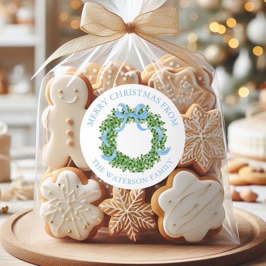 Blue Bow Christmas Boxwood Krans Gift Ronde Sticker