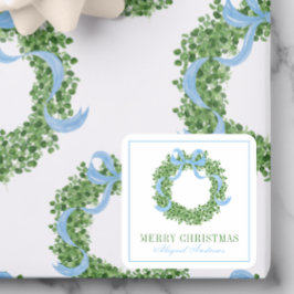 Blue Bow Christmas Boxwood Krans Vierkante Sticker