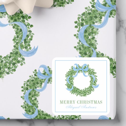 Blue Bow Christmas Boxwood Krans Vierkante Sticker