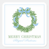 Blue Bow Christmas Boxwood Krans Vierkante Sticker (Voorkant)