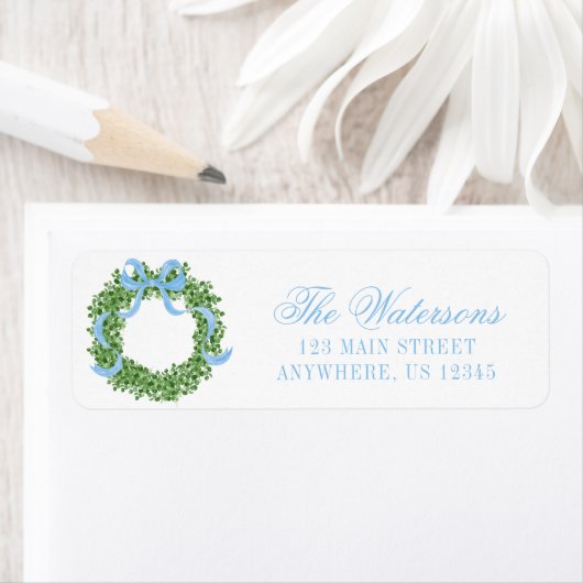 Blue Bow Christmas Boxwood Wreath Adres Etiket (Insitu)