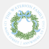 Blue Bow Christmas Boxwood Wreath Adres Ronde Sticker (Voorkant)