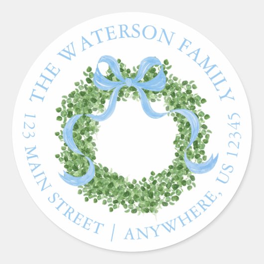 Blue Bow Christmas Boxwood Wreath Adres Ronde Sticker (Voorkant)