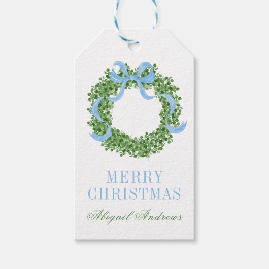 Blue Bow Christmas Boxwood Wreath Cadeaulabel (Voorkant)