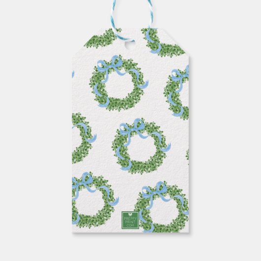 Blue Bow Christmas Boxwood Wreath Cadeaulabel (Achterkant)