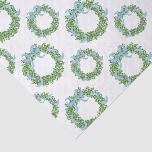 Blue Bow Christmas Boxwood Wreath Tissuepapier (Detail)