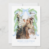 Blue Bow Christmas Chinoiserie Foto Vakantie Kaart (Voorkant)