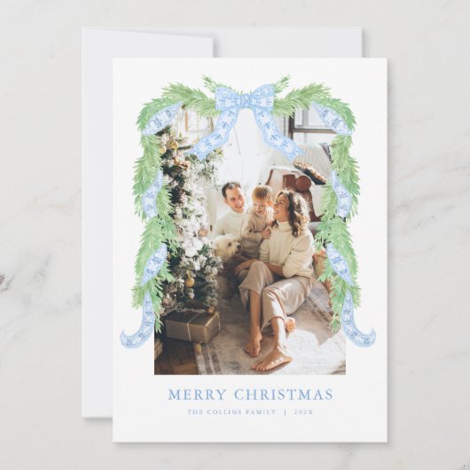Blue Bow Christmas Chinoiserie Foto Vakantie Kaart (Voorkant)