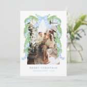 Blue Bow Christmas Chinoiserie Foto Vakantie Kaart (Staand voorkant)