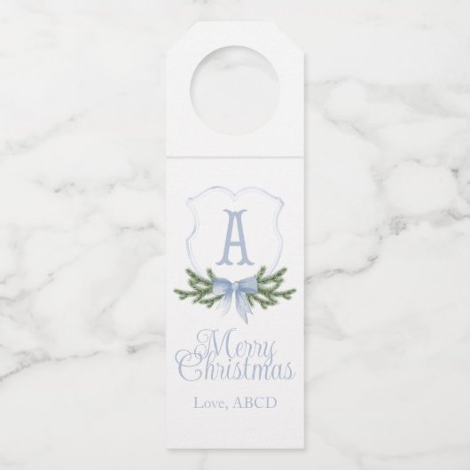 Blue Bow Christmas Crest Bottle Hanger Labels (Voorkant)