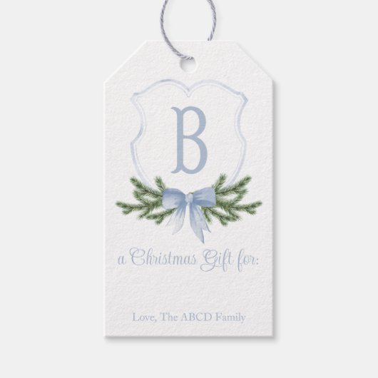 Blue Bow Christmas Crest Gift Label - B Cadeaulabel (Voorkant)