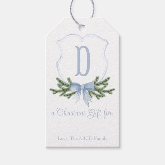 Blue Bow Christmas Crest Gift Label - D Cadeaulabel (Voorkant)