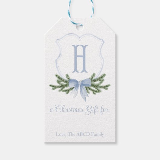 Blue Bow Christmas Crest Gift Label - H Cadeaulabel (Voorkant)