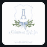 Blue Bow Christmas Crest Sticker Gift Label - A<br><div class="desc">Prachtig Kerst stickers geschenk label met een zacht blauw kerstkam ontwerp met ruimte om een geschenk en achternaam personalisatie aan te pakken</div>
