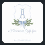 Blue Bow Christmas Crest Sticker Gift Label - A<br><div class="desc">Prachtig Kerst stickers geschenk label met een zacht blauw kerstkam ontwerp met ruimte om een geschenk en achternaam personalisatie aan te pakken</div>