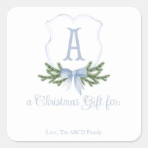 Blue Bow Christmas Crest Sticker Gift Label - A