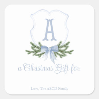 Blue Bow Christmas Crest Sticker Gift Label - A