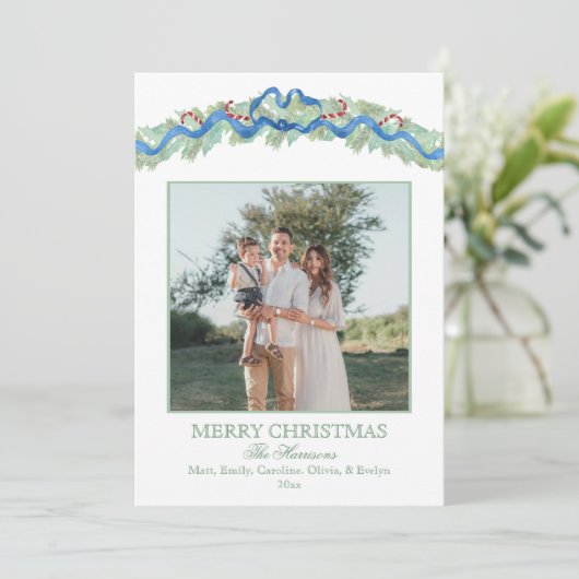 Blue Bow Christmas Garland Nutcracker 2 Photos Feestdagenkaart (Staand voorkant)