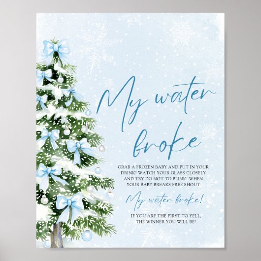 Blue Bow Christmas Tree My Water Broke Baby Shower Poster (Voorkant)