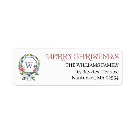 Blue Bow Coastal Christmas Nautical Monogram Label (Voorkant)