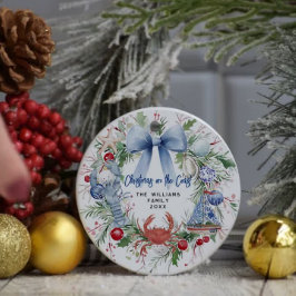 Blue Bow Coastal Kerstfoto Keramisch Ornament