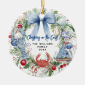 Blue Bow Coastal Kerstfoto Keramisch Ornament (Voorkant)
