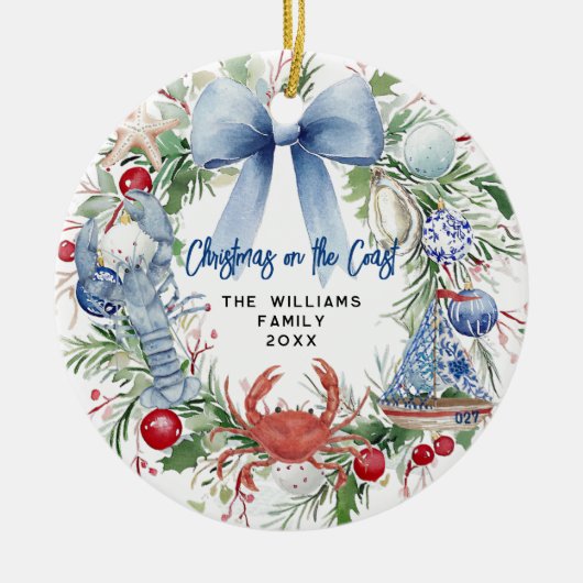 Blue Bow Coastal Kerstfoto Keramisch Ornament (Voorkant)