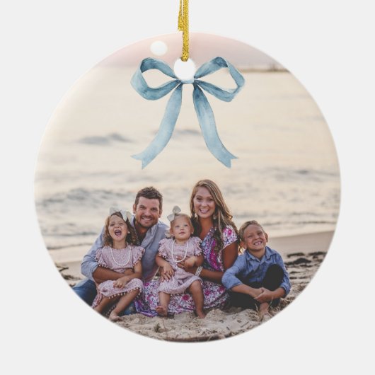 Blue Bow Coastal Kerstfoto Keramisch Ornament (Achterkant)