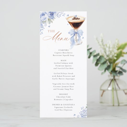 Blue Bow Coffee Bridal Shower Menu Card (Staand voorkant)