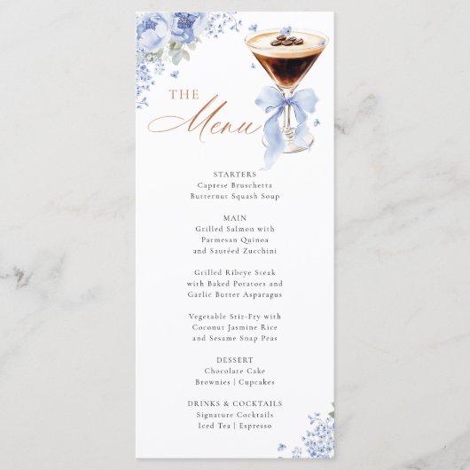 Blue Bow Coffee Bridal Shower Menu Card (Voorkant)