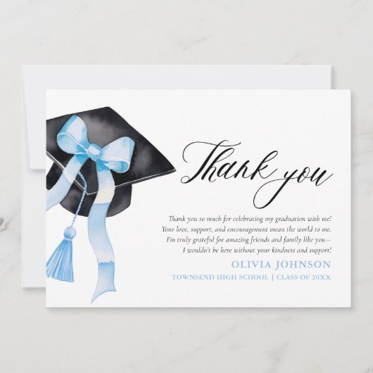 Blue Bow Coquette Afstudeerdop Dank u kaarten (Voorkant)