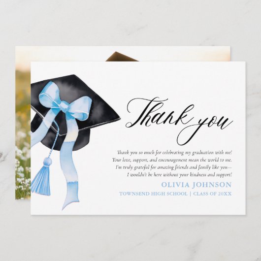Blue Bow Coquette Afstudeerdop Dank u kaarten (Voorkant / Achterkant)