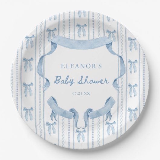 Blue Bow Coquette Blue Boy baby shower Papieren Bordje (Voorkant)