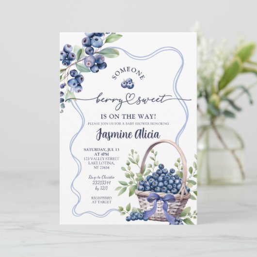 Blue Bow Coquette Blueberry Baby Shower Kaart (Staand voorkant)