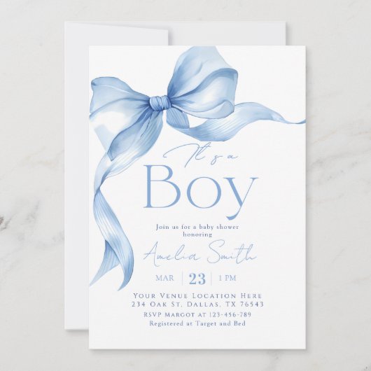 Blue Bow Coquette Boy Baby Shower Kaart (Voorkant)