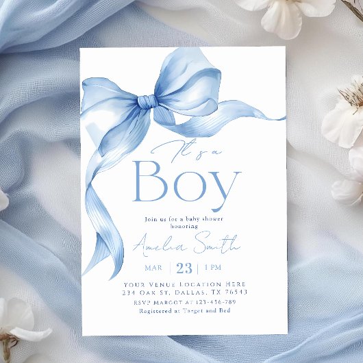 Blue Bow Coquette Boy Baby Shower Kaart