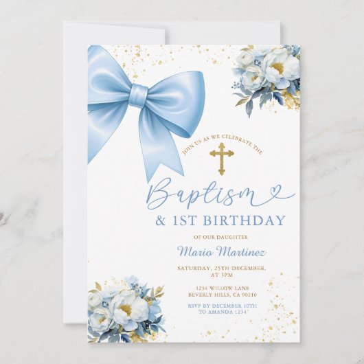 Blue Bow Coquette Girl Baptism and Birthday Floral Kaart (Voorkant)