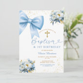 Blue Bow Coquette Girl Baptism and Birthday Floral Kaart (Staand voorkant)