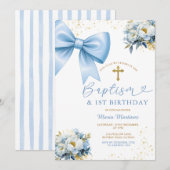 Blue Bow Coquette Girl Baptism and Birthday Floral Kaart (Voorkant / Achterkant)