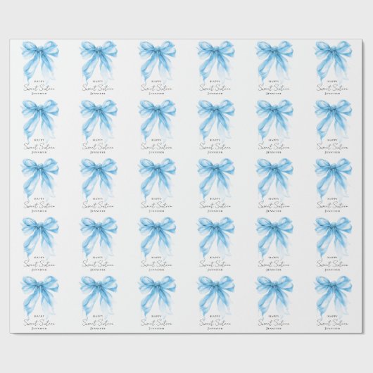 Blue Bow Coquette Script Sweet 16 Party Cadeaupapier (Vlak)