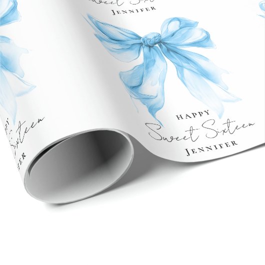 Blue Bow Coquette Script Sweet 16 Party Cadeaupapier (Rol Hoek)