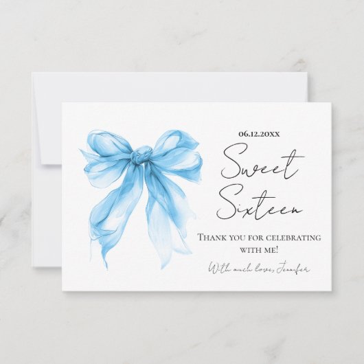 Blue Bow Coquette Script Sweet 16 Thank You  Bedankkaart (Voorkant)