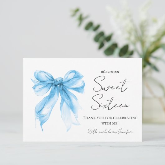 Blue Bow Coquette Script Sweet 16 Thank You  Bedankkaart (Staand voorkant)